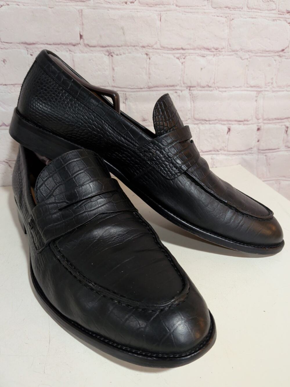 To Boot New York Adam Derrick 13 Alki Black Croc Embossed Leather Penny Loafers